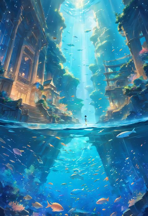 Person Underwater Drawing Reference, Underwater And Above Water Painting, Ocean Fantasy Art Underwater, Water Castle Fantasy Art, Sea People Art, Magical World Illustration, Underwater City Painting, Underwater Bedroom Fantasy Art, Glowing Fish Art