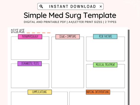 Med Surg Study Template Printable, Pathophysiology Template, Medical Surgical Nursing, Disease Process Template, Concept Map, Nursing PDF Medication Study Template, Concept Map Nursing Template, Disease Process Template, Pathophysiology Template, Nursing Concept Map Template, Electrolytes Nursing, Concept Map Nursing, Concept Map Template, Nursing Fundamentals