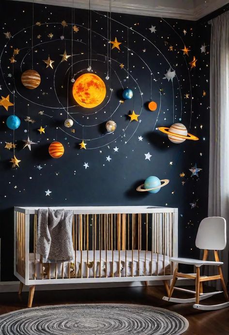 Baby Boy Bedroom Ideas Nurseries, Celestial Nursery Theme, Small Baby Room Ideas, Baby Boy Bedroom Ideas, Kids Bedroom Ideas For Boys, Boys Space Room, Dark Nursery