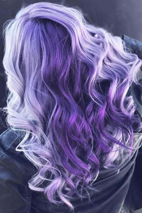 Purple And Lavender Ombre Hair #longhair #wavyhair #purplehair Hair Color Ideas With Purple, Lavender And Purple Hair, Bold Beauty Inspo, Blonde And Purple Hair Ombre, Dark Purple Hair With Light Purple Money Piece, Purple And Lavender Hair, Cool Hair Color Ideas For Blondes, Two Tone Purple Hair, Dark Purple Hair With Lavender Money Piece