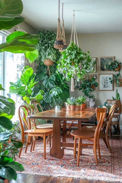 ✨ Modern Boho Dining: Ideas You Need to See Now! 😍 - Boho Living Dining Combo, Earthy Table Setting, Plants In Dining Room, Dining Room With Plants, Plants Dining Room, Dining Room Plants, Cozy Dining Room Ideas, Dining Room Design Apartment, Modern Boho Dining Room