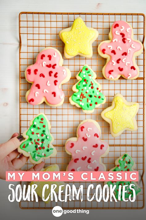 Move over sugar cookies, because there's a new Christmas cookie in town! Learn how to make my mom's famously soft and fluffy Sour Cream Cookies here. #christmas #cookies Sour Cream Cookies, Sour Cream Sugar Cookies, Fluffy Frosting, Cookie Pictures, Cream Cookies, Christmas Sprinkles, Lost 100 Pounds, Best Sugar Cookies, Soft Sugar Cookies