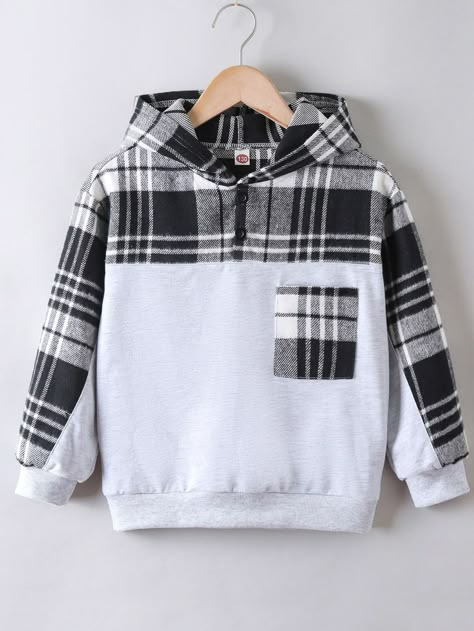 Black and White Casual  Long Sleeve Polyester Plaid Half Placket Embellished Slight Stretch Spring/Fall Boys Clothing Stylish Mens Suits, Diy Fashion Scarf, Diy Baby Clothes, Kids Frocks Design, Stylish Hoodies, Boys Plaid, Pocket Hoodie, Boys Sweatshirts, Creation Couture