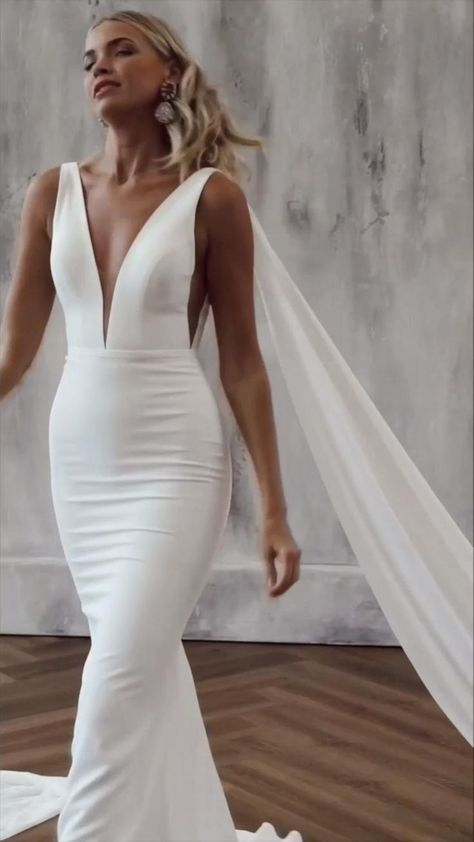 Simple And Sleek Wedding Dress, Wedding Dresses Low V Neck, Deep V Neck Wedding Dress Fitted, White Simple Dress Wedding, Mermaid Wedding Dress No Lace, Simple Fit And Flare Wedding Dress Satin, Plain Classy Wedding Dresses, Plain White Wedding Gown, Classic Wedding Dress Mermaid