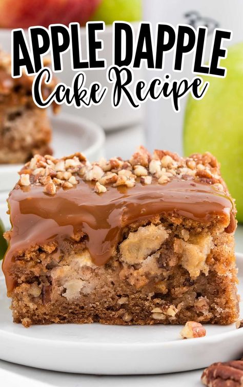 Apple Dapple cake is loaded with apple slices mixed with toasted pecans and covered in a sweet, decadent dulce de leche caramel glaze. Apple Dapple Cake, Apple Dapple, Easy Apple Cake, Bread Pudding With Apples, Apple Dump Cakes, Oatmeal Cake, Caramel Topping, Apple Cake Recipes, Crunchy Pecans