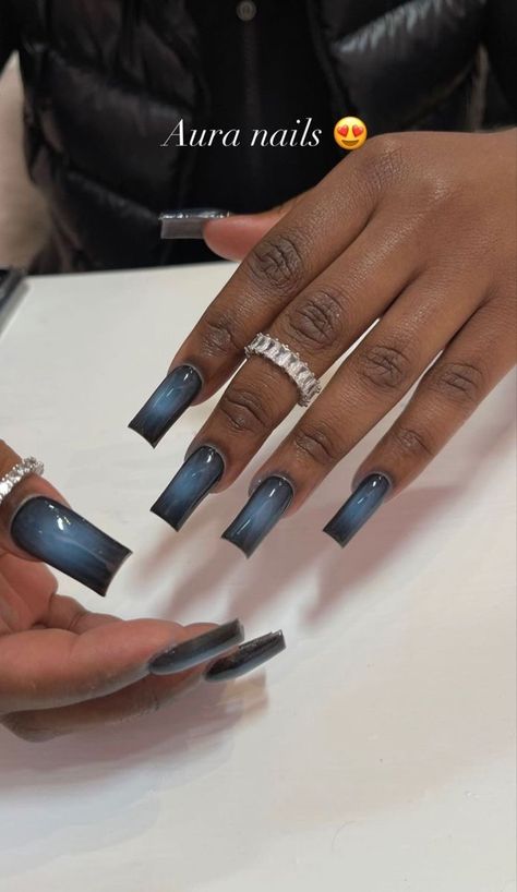 Blue Aura Nails Short, Black And Blue Nails Acrylic, Nail Freestyle Designs, Ora Nails, Blue And Green Nails, Nails Acrylic Blue, Purple Acrylic Nails, Hard Nails, Colored Acrylic Nails