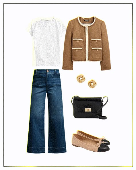 This is a wonderful transitional outfit idea and one you can wear from work to weekend. It includes a tan tweed jacket with the most beautiful white trim and gold button details. I styled it with a basic white crewneck tee and wide-leg jeans. For shoes I went with an affordable pair of cap toe ballet flats that look so much like designer styles but are a fraction of the cost. And I tied this look together with gold knot earrings and a black crossbody bag. How To Wear A Black Denim Jacket, Tweed Shoes Outfit, Black Button Dress Outfit, Flat Shoe Work Outfits Women, Gold Flats Outfit Work, Clothes Pairing Ideas, Nantucket Dinner Outfit, Tweed Jacket Outfit 2023, Black And Tan Shoes Outfit