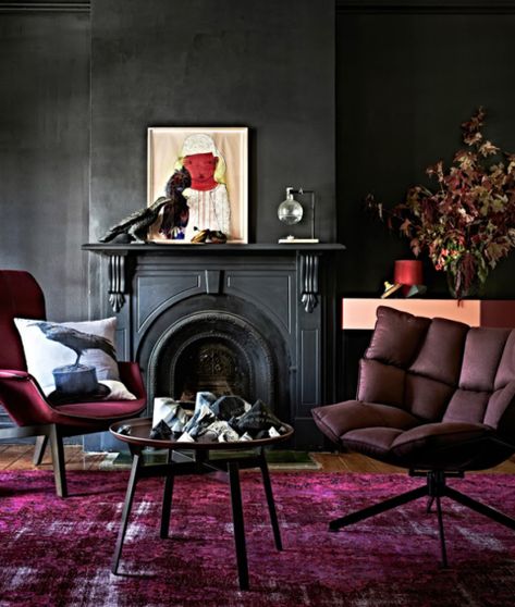 Dark Moody Living Room, Black House Interior, Burgundy Living Room, Moody Living Room, Dark Living Rooms, Paint Fireplace, Goth Home, Unique Interior Design, Dark Walls