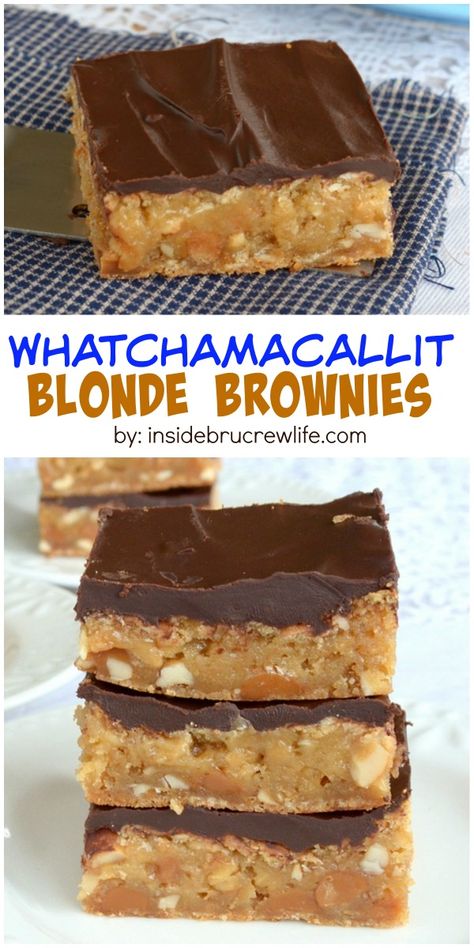 Caramel, peanuts, and chocolate give these blonde brownies a Whatchamacallit candy bar taste. Blonde Brownies, Bar Desserts, Tummy Yummy, Sweet Bar, Cookie Brownie Bars, Blondie Brownies, Brownie Desserts, Dessert Bar Recipe, Cookie Bar Recipes