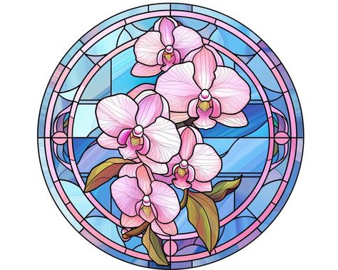 Stained Glass Circles, Glass Clipart, Flowers Stained Glass, Flowers Transparent, Stain Glass Window Art, Glass Circle, Glass Window Art, Stained Glass Flowers, Purple Orchids