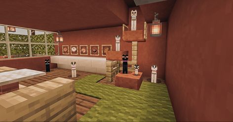 Minecraft Cat Cafe Interior, Cat Home Minecraft, Cat Cafe Minecraft, Table Minecraft, Interior Minecraft, Minecraft Interior, Minecraft City, Cat Cafe, Cafe Tables