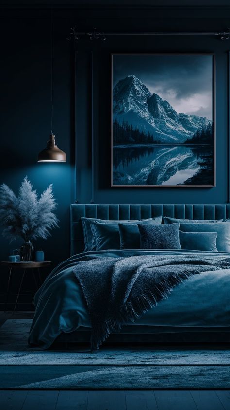 Dive into luxury with this modern bedroom retreat, inspired by deep ocean hues. 🌊💙 The rich dark blue walls create an inviting atmosphere, complemented by the statement bed and cozy rug. The elegant chandelier adds a hint of glam, making it an ideal space for relaxation and rejuvenation. Create your own nautical-inspired haven with this sophisticated design! #HomeDecor #ModernLiving #BedroomInspo Dark Blue Gothic Bedroom, Midnight Blue Room, Deep Blue Bedroom, Royal Blue Bedrooms, Blue Bedroom Colors, Statement Bed, Ocean Bedroom, Celestial Aesthetic, Inlaw Suite