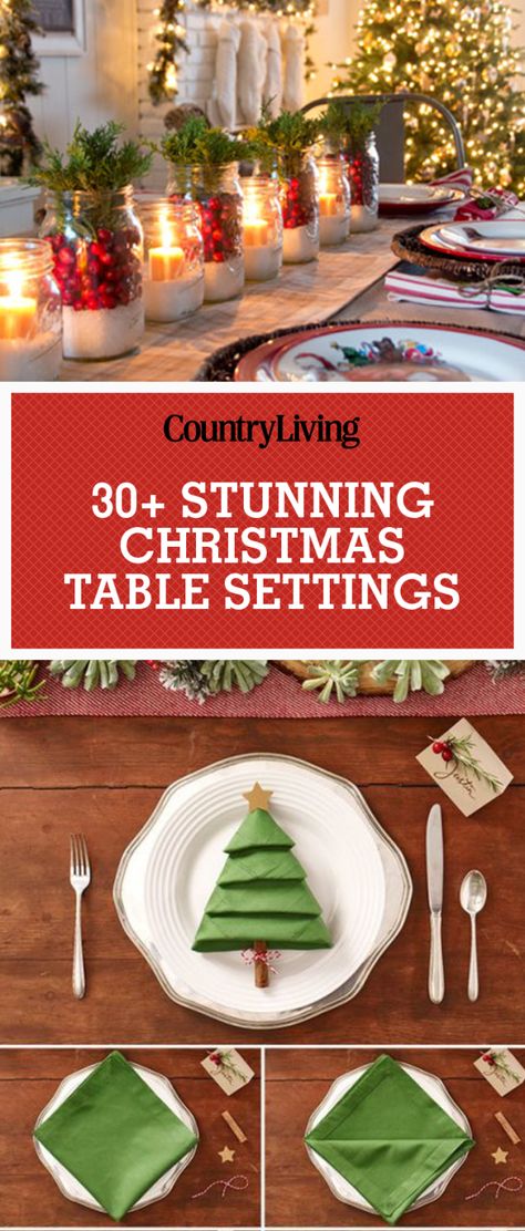 Save these stunning Christmas table settings for later! Don't forget to follow Country Living on Pinterest for more great Christmas décor ideas. Christmas Tree Napkins, Christmas Table Setting, Christmas Dinner Table, Christmas Table Centerpieces, Christmas Tablescape, Christmas Tablescapes, Christmas Tea, Christmas Table Settings, Decorations Christmas