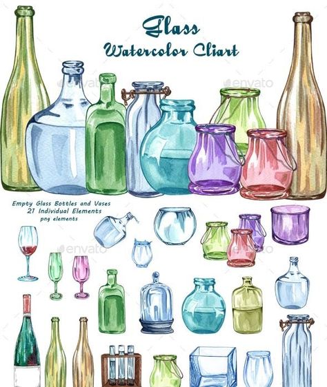 Hand drawn bottles Glass Watercolor Clipart - Objects Illustrations Glass Bottles Drawing, Glass Bottle Drawing, How To Draw Glass Bottles, Watercolor Glass Bottles, Empty Glass Bottles, Bottle Drawing, Painted Glass Bottles, Hand Drawing Reference, Watercolor Tips