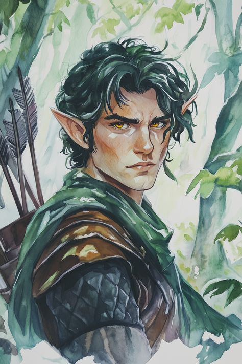 Elion Tharal stands tall and lean, defined by a sculpted physique typical of his elven race. His skin is a rich, deep umber, complementing the vibrant green of his long, green hair that flows like a natural waterfall to his shoulders. Bright yellow-green eyes peer from beneath a broad forehead. He wears lightweight leather armor in muted browns and greens, allowing for stealth, and carries a quive... Green Hair Elf Male, Elf Characters Male, Rogue Dnd Character Design, Dnd Half Elf Male, Male Elf Art, Male Elf Character Design, Broad Forehead, Long Green Hair, Character Showcase