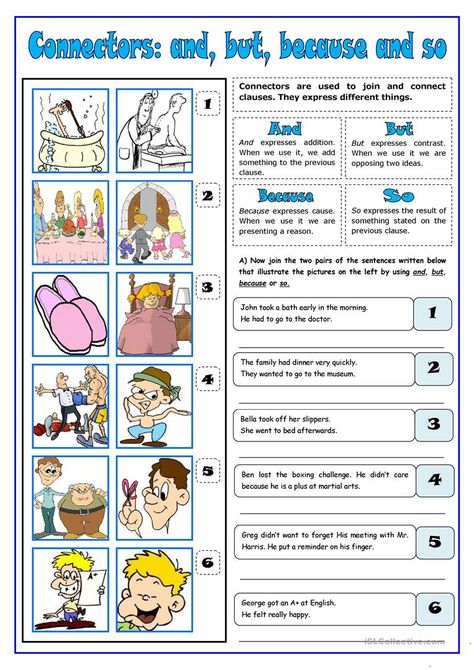 Connectors: and, but, because, so - English ESL Worksheets for distance learning and physical classrooms Teaching Conjunctions, Esl Grammar, Linking Words, Esl Teaching Resources, English Teaching Materials, Free Classes, English Exercises, Teaching English Grammar, English Fun