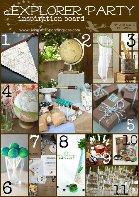 Explorer Party Inspiration Board.  Great ideas for a world explorer-themed birthday party.  Could work for either a girl or a boy! Explorer Party, 30th Birthday Party Favors, Explorer Theme, Explorer Birthday Party, Adventure Birthday Party, Travel Party Theme, Adventure Party, World Party, 30th Birthday Parties