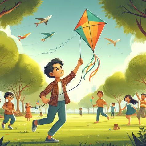 A child flying a kite in a park with other kids playing in the background Kids Playing Aesthetic, Animation Nature, Flying A Kite, Fly Drawing, Bon Mardi, Popular Artwork, Anime Animation, Kids Background, Kite Flying