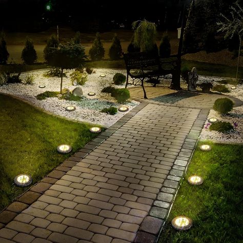 SOLPEX 12 Pack Solar Ground Lights Outdoor, Waterproof 8 LED Solar Powered Disk Lights Outdoor Garden Landscape Lighting for Yard Deck Lawn Patio Pathway Walkway (White) - Amazon.com Solar Powered Led Garden Lights, Outdoor Ground Lights, Garden Pathway Lights, Garden Solar Lighting, Paver Walkway Ideas, Ground Lights Outdoor, Solar Lights For Garden, Sidewalk Lighting, Solar Ground Lights