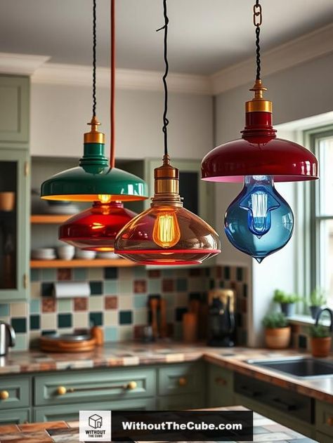 Retro pendant lights often elevate the aesthetic of any kitchen, infusing it with a spellbinding blend of nostalgia and modernity. With options ranging from rustic farmhouse styles to striking pendant clusters, these lighting fixtures serve as focal points that enhance both contemporary and rustic designs. Explore how these elements can transform your space. #HomeDecor #KitchenDesign #VintageLighting #EclecticStyle #RetroVibes #KitchenInspo Mismatched Pendant Lights, Clustered Pendant Lights, Light Fixtures Unique, Colorful Light Fixtures, Art Deco Lighting Chandelier, Cottage Kitchen Lighting, 1920s Light Fixtures, Retro Light Fixtures, Vintage Lighting Ideas