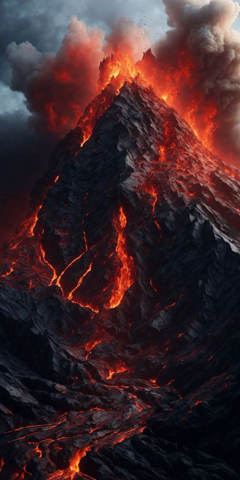 The mountain's surface is a tapestry of ever-shifting hues, showcasing a destruction and creation. Smoke and steam billow from hidden crevices, veiling its peak in a constant shroud of mystery and danger. Dead Forest, Strange Music, Wallpaper Earth, Door Glass Design, 4 Elements, Lava Flow, Dark Clouds, Music Album Covers, Dnd Art