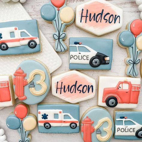 Fire Truck And Police Car Birthday Party, Ambulance Cookies Decorated, Police Fire Ambulance Birthday Party, Rescue Vehicles Birthday Party, Emergency Birthday Party, Rescue Team Birthday Party, Ambulance Cookies, Fire Truck Cookies, Rescue Vehicle Birthday Party