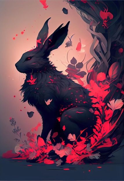 Black rabbit with red feathers and petal... | Premium Photo #Freepik #photo #retro-man #king-character #horseback-riding #horse-riding Black Rabbit Art, Winged Rabbit, Fire Rabbit, King Character, Rabbit Ideas, Photo Retro, Rabbit Tattoo, Red Rabbit, Black Bunny