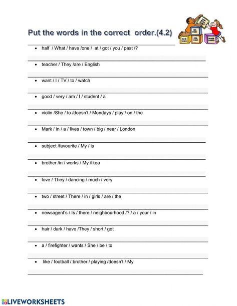 English Sentence Structure Worksheet, Sentence Word Order Worksheet, Sentence Order Worksheets, Word Order Worksheets, Word Order In English, Word Order In Sentences, Scrambled Sentences Worksheet, Sentence Structure Worksheets, Graphic Dictation