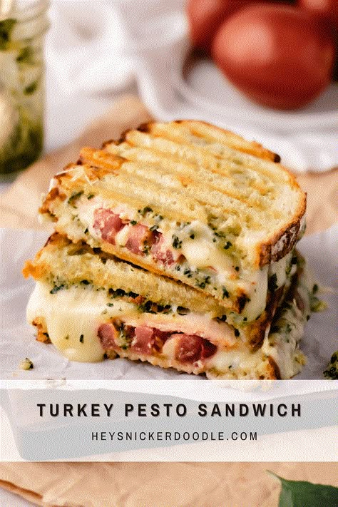 This sandwich is loaded with pesto, melty fontina cheese, piled high with delicious slices of turkey and tomato and then grilled or toasted until is a perfect golden brown. It has got tons of flavor and is a great lunch or dinner choice! Turkey Pesto Sandwich, Pesto Sandwich Recipe, Pesto Panini, Turkey Pesto, Turkey Sandwiches Recipes, Pesto Sandwich, Panini Recipes, Dinner Choices, Fontina Cheese