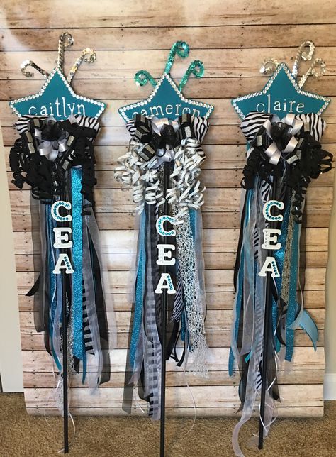 Cheer Spirit Sticks Ideas, Cheerleading Spirit Stick Ideas, Cheer Competition Spirit Sticks, Cheer Mom Spirit Ideas, Dance Spirit Sticks, Homecoming Spirit Sticks, Dance Competition Signs Posters, Cheer Sticks Spirit Diy, How To Make A Spirit Stick