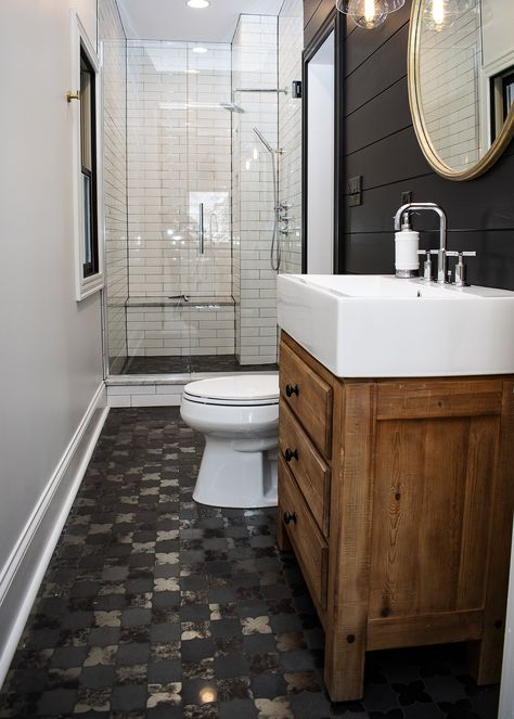 Iron Ore Bathroom, Bathroom Remodel Black, Bathroom Accent Wall, Can Light, Iron Ore, Powder Bath, Wood Vanity, Construction Design, Cooking Skills