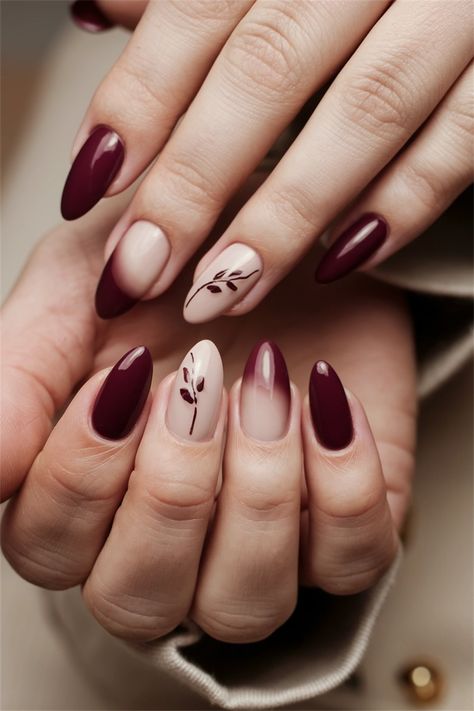 Embrace the beauty of the season with chic natural nails featuring stunning fall nail ideas that perfectly encapsulate autumn's essence. This stylish look combines rich burgundy and warm taupe hues, creating a sophisticated yet cozy vibe on your fingertips. The simplicity of the design highlights the elegance of natural nails, making them versatile for any occasion. Discover your next favorite fall nail idea and let your nails shine! Thanksgiving Nail Ideas Almond, Maroon Autumn Nails, Burgundy Nails For Fall, Wedding Season Nails, Autumn Nails Round, Fall Nail Designs Round Shape, Nails With Maroon Dress, November Wedding Nails, Maroon Thanksgiving Nails