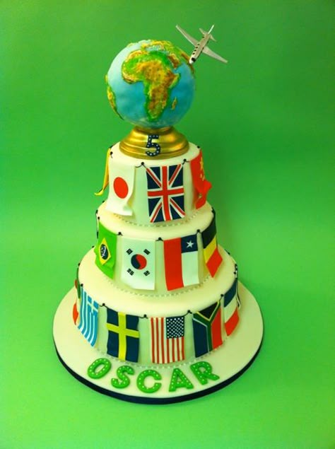 This cake wasn't done for Columbus day but the theme seemed fitting. The cake was created recently for one of my favorite clients. It was ... Map Cake, Globe Cake, Soccer Birthday Cakes, World Cake, Cake With Chocolate Ganache, Travel Cake, Flag Cake, Kitty Cake, Confetti Cake