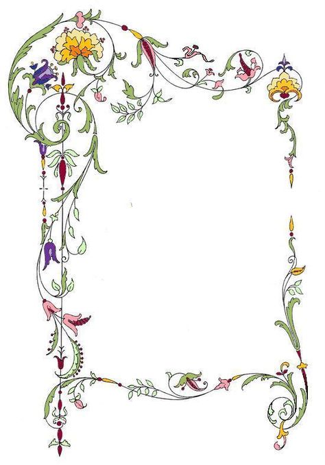 Fancy Frame Drawing, Floral Frame Tattoo, Frame Design Border Flowers, Medieval Page Borders, Midevil Page Borders, Illuminated Manuscript Borders, Medieval Frame Border, Calligraphy Borders, Stary Papier