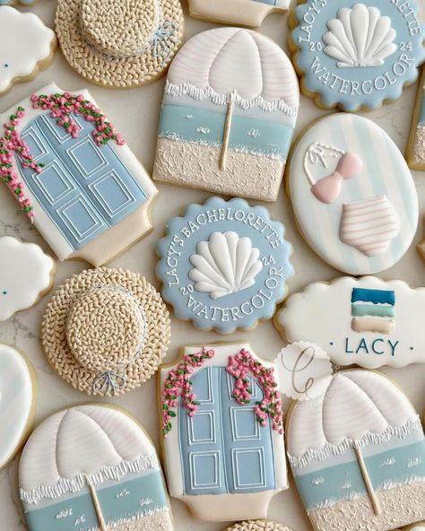 Greece Cookies Decorated, Beach Themed Sugar Cookies, Beach Bachelorette Cookies, Beach Sugar Cookies Decorated, Last Toast On The Coast Cookies, Beach Cookies Decorated, Beach Sugar Cookies, Straw Hat Design, Ocean Cookies