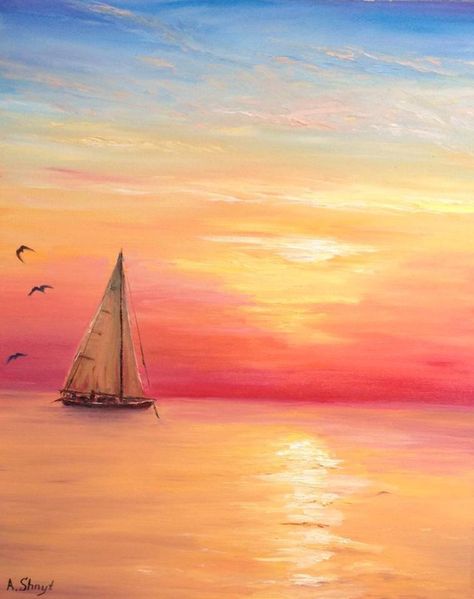 Sea Sunset Drawing, Beach Art Drawing, Beach Vibe Bedroom, Aquarium Drawing, Sunset Watercolor, Beach Art Painting, Sailboat Art, Watercolor Paintings For Beginners, Watercolor Sunset