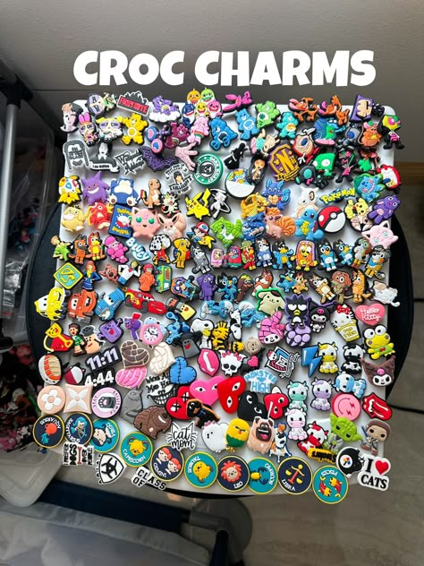 Croc charms for shoes In your order message me the charms you would like. Price depends on quantity No brand. High quality. Great price. Croc Charm Display, Croc Gibits, Croc Gibbets, Jibbitz Crocs Charms, Tips For 6th Grade, Croc Pins, Charms For Shoes, Crocs Aesthetic, Croc Jibbitz