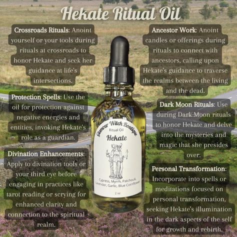 🌙 Embrace the mystique of the night with our Hekate Ritual Oil 🌙 Crafted to honor the goddess of magic, witchcraft, and the crossroads, this enchanting blend is a tribute to Hekate’s ancient wisdom and power. Infused with sacred herbs and oils, each drop ignites the flame of intuition and guides you through the shadows of transformation. Illuminate your rituals and invoke the divine energy of Hekate as you embark on your spiritual journey. 🕯️✨ Shop: GlamourWitchBoutique.com #GlamourWitchB... Herbs For Hekate, Hecate Oil Recipe, Hekate Herbs, Hekate Ritual, Mother Hekate, Hecate Altar, Homemade Oils, Oil Witchcraft, Deity Work