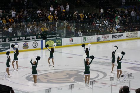 Bemidji State Hockey Cheerleaders on the ice pre-game Hockey Cheerleaders, Bemidji State University, Pre Game, College Experience, Book Aesthetics, College Fun, Dream Board, Hockey Rink, Ice Hockey