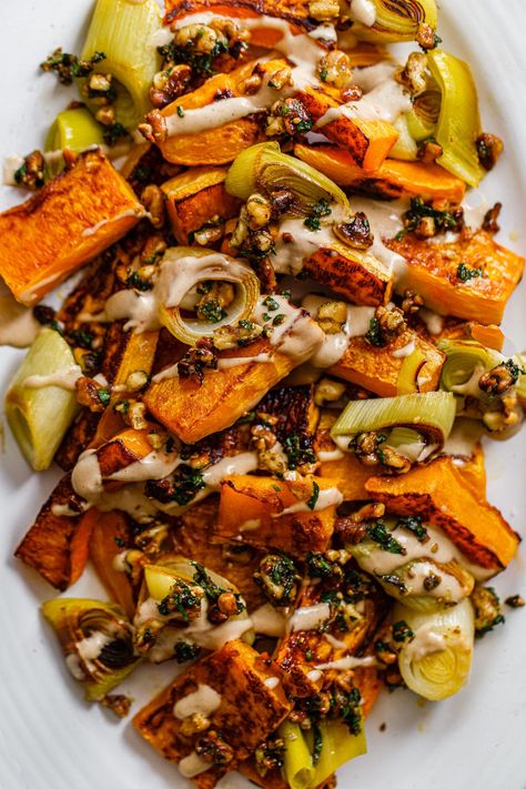 Squash Leek Recipes, Dishes With Butternut Squash, Squash And Leek, Fall Leek Recipes, Roast Squash Recipes, Roasted Butternut Squash Salad Recipes, Roast Butternut Squash Recipes, Vegetarian Squash Recipes, Autumn Veggie Recipes