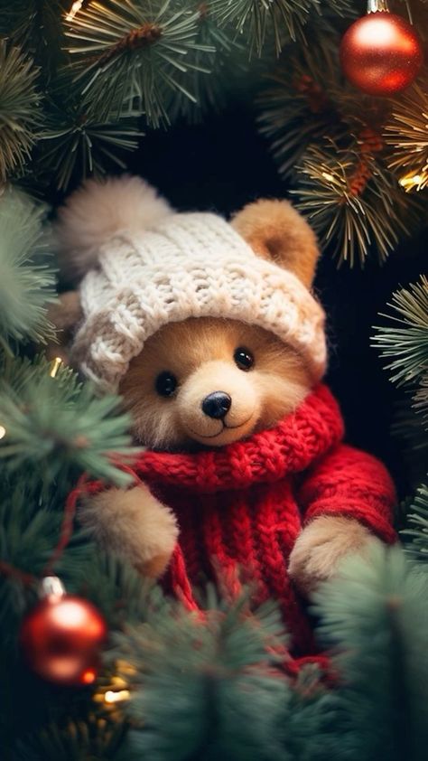 Teddy Bear, Christmas Tree, Christmas, Red