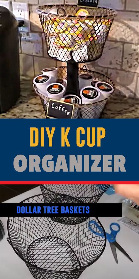 DIY Farmhouse Decor Idea - K-cup Organizer Made With Dollar Tree Supplies - DIY Organizing Ideas for Kitchen - How to Organize Coffee and Creamer Station DYI Organizing Ideas For Kitchen, Dollar Tree Baskets, K Cup Storage, Farmhouse Backyard, Diy Farmhouse Ideas, Cup Organizer, Coffee Pod Storage, Diy Coffee Bar, Dollar Store Diy Organization