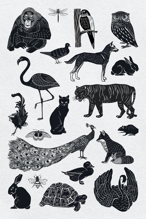 Animals black linocut stencil pattern drawing collection | free image by rawpixel.com / busbus Ink Animal Illustration, Woodcuts Prints Black And White, Linocut Stencil, Animal Linocut, Linocut Animals, Black And White Animal Art, Insect Drawings, Animal Graphic Design, Linocut Illustration