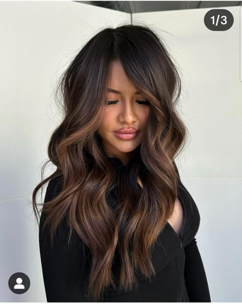 Winter Dark Brown Hair Ideas, Dark Brunette Money Piece, Dark Brown With Dimension Hair, Deep Brown Hair With Dimension, Dimensional Chocolate Brown Hair, Warm Dimensional Brunette, Winter Balayage Brunettes, Dimensional Brown Hair, Medium Chocolate Brown Hair