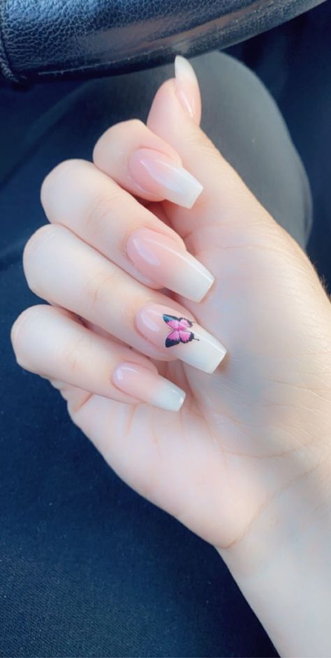 Ombre Nails With Butterfly, Ombre Nails With Butterflies, Butterflies Nails Acrylics, Ombre French Nails, Gel Nails French, Butterfly Nail Designs, Silver Glitter Nails, Unghie Sfumate, Peach Nails