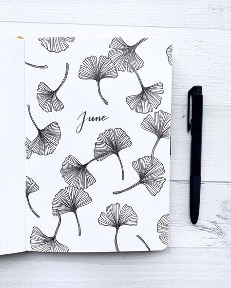 June Bullet Journal Cover Ginkgo Leaves Theme - Asian Nature Theme - Black and White Minimalist Bujo Inspiration Black And White Bujo, June Bullet Journal Cover, Minimalist Bujo, June Bullet Journal, Asian Nature, Bullet Journal Month, Bullet Journal Cover, Bullet Journal Ideas Templates, Black And White Minimalist