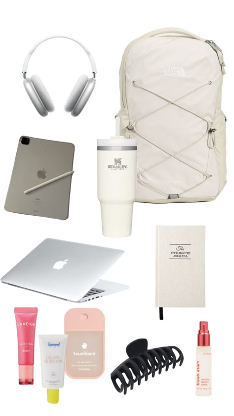 College Backpack Essentials Aesthetic, Aesthetic Things To Put In Your Backpack, Aesthetic Backpack College, Back To School Shuffle, Clean Girl Back To School Supplies, Clean Girl Aesthetic School Supplies, Clean Girl School Bag, Back To School Nail Inspo 2023, Back To School Essentials Aesthetic