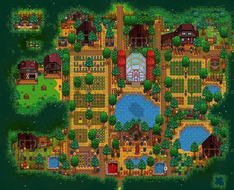 Stardew Animals, Aesthetic Stardew Valley, Stardew Valley Forest Farm Layout, Forest Farm Layout, Farm Layouts, Stardew Farm, Stardew Farms, Forest Farm, Stardew Valley Layout