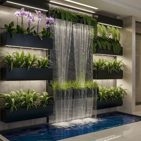 Serenity, redefined with a digital cascade 🌊🌿 #waterfallgarden #smarthome #luxuryliving #naturemeetsdesign #interiordesign Waterfall Indoor, Taman Mini, Indoor Waterfall, Garden Waterfall, Beachwear Fashion, Dog Daycare, Interior Inspo, Indoor Decor, Luxury Living