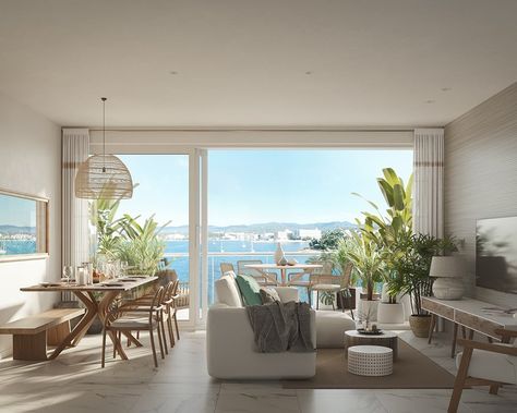 Beach View Living Room, Modern Beach Condo Interior Design, Beach Modern Apartment, Beach Side Apartment Interior Design, Modern Beach Apartment Decor, Beach House Studio, Apartment By The Beach, Miami House Interior, Coastal Apartment Aesthetic